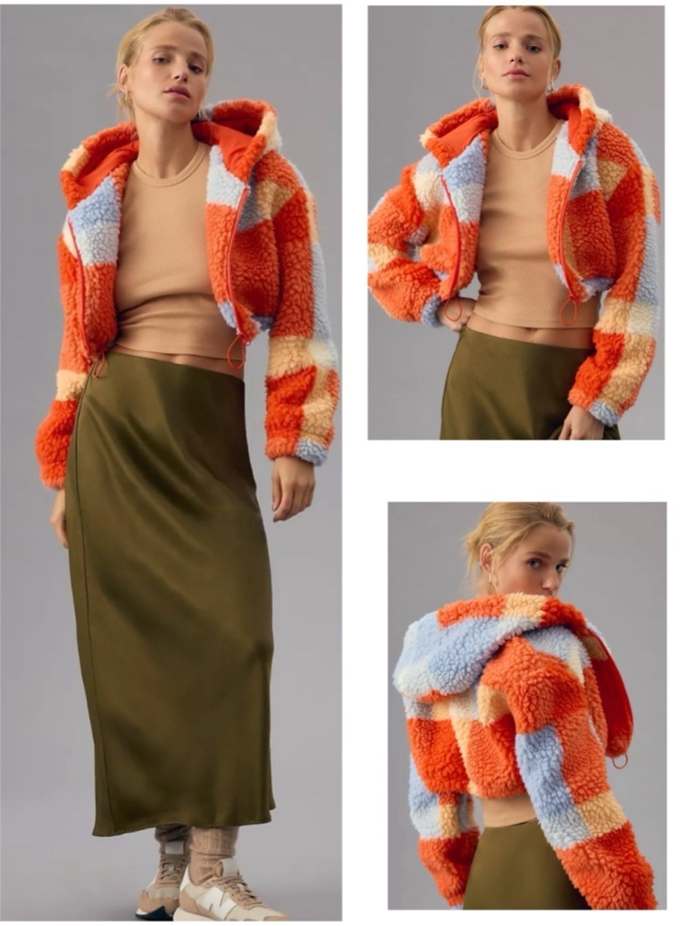 Daily Practice Anthropologie Plaid Cropped Sherpa Fleece Hoodie Jacket Size XS